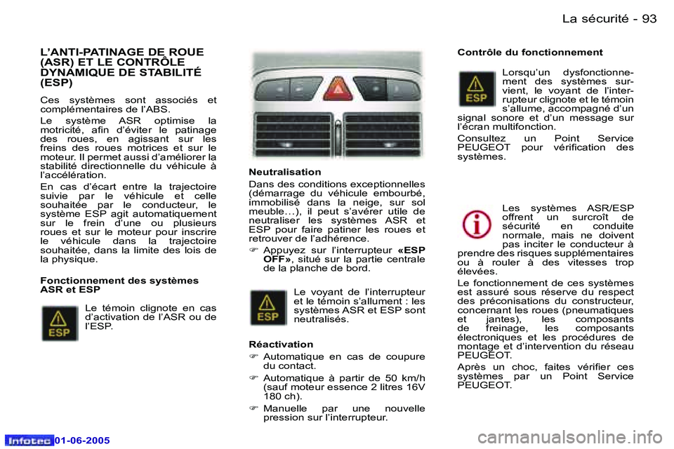 Peugeot 307 2005  Manuel du propriétaire (in French) �L�a� �s�é�c�u�r�i�t�é�9�2 �-
�0�1�-�0�6�-�2�0�0�5
�9�3�L�a� �s�é�c�u�r�i�t�é�-
�0�1�-�0�6�-�2�0�0�5
�L�’�A�N�T�I�-�P�A�T�I�N�A�G�E� �D�E� �R�O�U�E�  
�(�A�S�R�)� �E�T� �L�E� �C�O�N�T�R�Ô�L�E� 