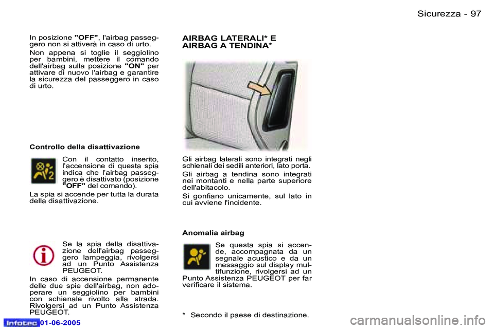 Peugeot 307 2005  Manuale del proprietario (in Italian) �9�6 �-
�0�1�-�0�6�-�2�0�0�5
�9�7
�-
�0�1�-�0�6�-�2�0�0�5
�I�n� �p�o�s�i�z�i�o�n�e� 
�"�O�F�F�"�,� �l�'�a�i�r�b�a�g� �p�a�s�s�e�g�-
�g�e�r�o� �n�o�n� �s�i� �a�t�t�i�v�e�r�à� �i�n� �c�a�s�