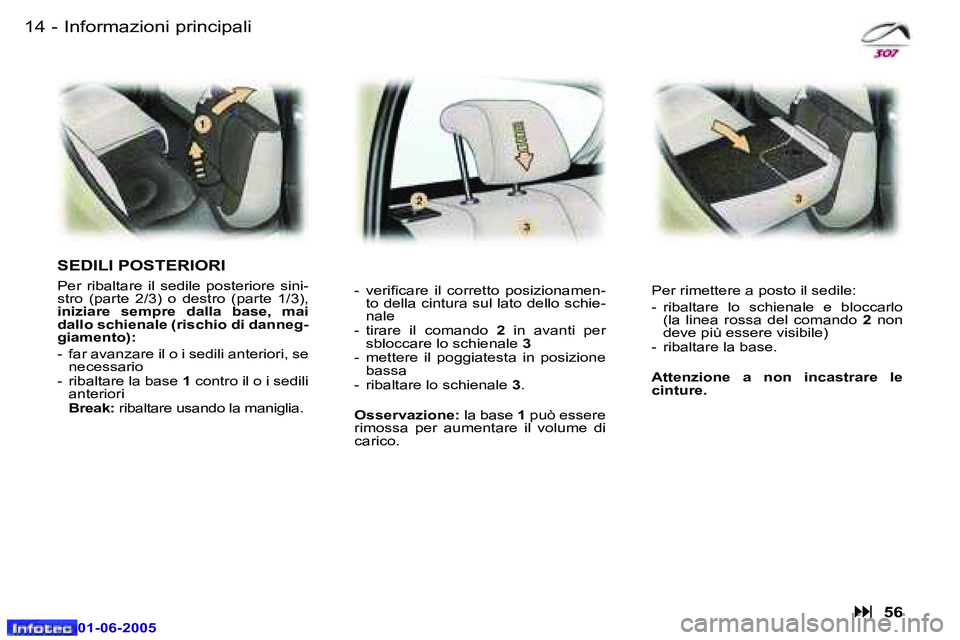 Peugeot 307 2005  Manuale del proprietario (in Italian) �1�4 �-
�0�1�-�0�6�-�2�0�0�5
�1�5
�-
�0�1�-�0�6�-�2�0�0�5
�I�n�f�o�r�m�a�z�i�o�n�i� �p�r�i�n�c�i�p�a�l�i
�S�E�D�I�L�I� �P�O�S�T�E�R�I�O�R�I
�P�e�r�  �r�i�b�a�l�t�a�r�e�  �i�l�  �s�e�d�i�l�e�  �p�o�s�t