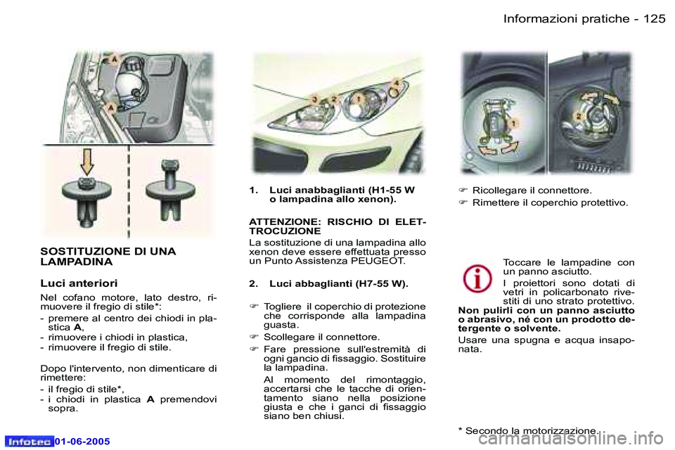 Peugeot 307 2005  Manuale del proprietario (in Italian) �I�n�f�o�r�m�a�z�i�o�n�i� �p�r�a�t�i�c�h�e�1�2�4 �-
�0�1�-�0�6�-�2�0�0�5
�1�2�5�I�n�f�o�r�m�a�z�i�o�n�i� �p�r�a�t�i�c�h�e�-
�0�1�-�0�6�-�2�0�0�5
�S�O�S�T�I�T�U�Z�I�O�N�E� �D�I� �U�N�A�  
�L�A�M�P�A�D�
