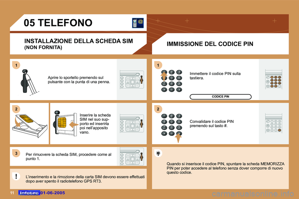 Peugeot 307 2005  Manuale del proprietario (in Italian) �1�1�0�1�-�0�6�-�2�0�0�5�0�1�-�0�6�-�2�0�0�5
�0�5� �T�E�L�E�F�O�N�O�I�N�S�T�A�L�L�A�Z�I�O�N�E� �D�E�L�L�A� �S�C�H�E�D�A� �S�I�M 
�(�N�O�N� �F�O�R�N�I�T�A�) �I�M�M�I�S�S�I�O�N�E� �D�E�L� �C�O�D�I�C�E� 