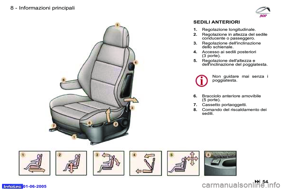 Peugeot 307 2005  Manuale del proprietario (in Italian) �8 �-
�0�1�-�0�6�-�2�0�0�5
�9
�-
�0�1�-�0�6�-�2�0�0�5
�I�n�f�o�r�m�a�z�i�o�n�i� �p�r�i�n�c�i�p�a�l�i
�S�E�D�I�L�I� �A�N�T�E�R�I�O�R�I
�1�.�  �R�e�g�o�l�a�z�i�o�n�e� �l�o�n�g�i�t�u�d�i�n�a�l�e�.
�2�. �