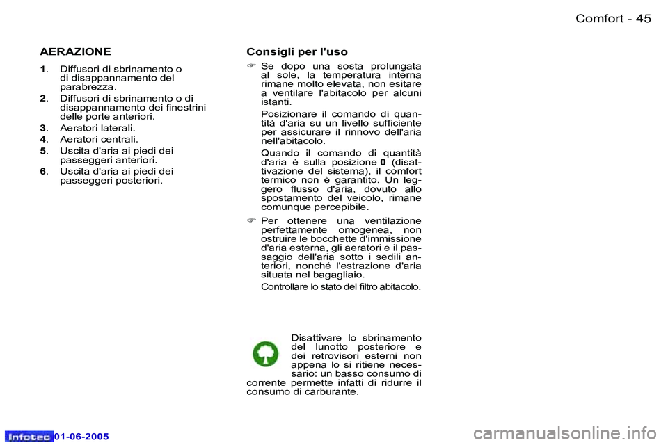 Peugeot 307 2005  Manuale del proprietario (in Italian) �C�o�m�f�o�r�t�4�4 �-
�0�1�-�0�6�-�2�0�0�5
�4�5�C�o�m�f�o�r�t�-
�0�1�-�0�6�-�2�0�0�5
�A�E�R�A�Z�I�O�N�E
�1�.�  �D�i�f�f�u�s�o�r�i� �d�i� �s�b�r�i�n�a�m�e�n�t�o� �o� 
�d�i� �d�i�s�a�p�p�a�n�n�a�m�e�n�t