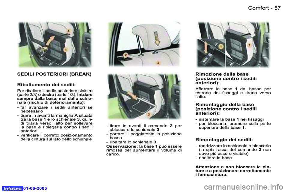 Peugeot 307 2005  Manuale del proprietario (in Italian) �C�o�m�f�o�r�t�5�6 �-
�0�1�-�0�6�-�2�0�0�5
�5�7�C�o�m�f�o�r�t�-
�0�1�-�0�6�-�2�0�0�5
�R�i�m�o�z�i�o�n�e� �d�e�l�l�a� �b�a�s�e�  
�(�p�o�s�i�z�i�o�n�e� �c�o�n�t�r�o� �i� �s�e�d�i�l�i� 
�a�n�t�e�r�i�o�r