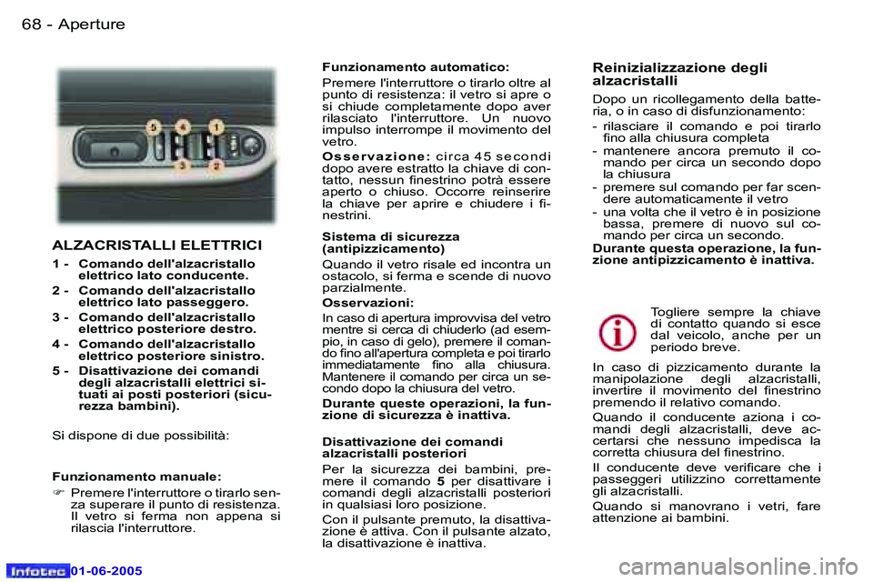 Peugeot 307 2005  Manuale del proprietario (in Italian) �6�8 �-
�0�1�-�0�6�-�2�0�0�5
�6�9
�-
�0�1�-�0�6�-�2�0�0�5
�A�L�Z�A�C�R�I�S�T�A�L�L�I� �E�L�E�T�T�R�I�C�I
�1� �-�  �C�o�m�a�n�d�o� �d�e�l�l�'�a�l�z�a�c�r�i�s�t�a�l�l�o� 
�e�l�e�t�t�r�i�c�o� �l�a�t�