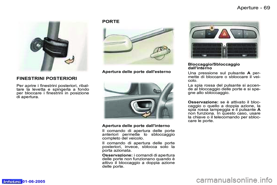 Peugeot 307 2005  Manuale del proprietario (in Italian) �6�8 �-
�0�1�-�0�6�-�2�0�0�5
�6�9
�-
�0�1�-�0�6�-�2�0�0�5
�A�p�e�r�t�u�r�a� �d�e�l�l�e� �p�o�r�t�e� �d�a�l�l�'�i�n�t�e�r�n�o 
�I�l�  �c�o�m�a�n�d�o�  �d�i�  �a�p�e�r�t�u�r�a�  �d�e�l�l�e�  �p�o�r�