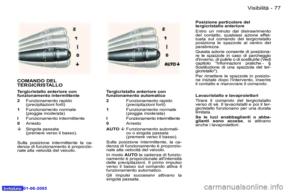 Peugeot 307 2005  Manuale del proprietario (in Italian) �V�i�s�i�b�i�l�i�t�à�7�6 �-
�0�1�-�0�6�-�2�0�0�5
�7�7�V�i�s�i�b�i�l�i�t�à�-
�0�1�-�0�6�-�2�0�0�5
�P�o�s�i�z�i�o�n�e� �p�a�r�t�i�c�o�l�a�r�e� �d�e�l�  
�t�e�r�g�i�c�r�i�s�t�a�l�l�o� �a�n�t�e�r�i�o�r�