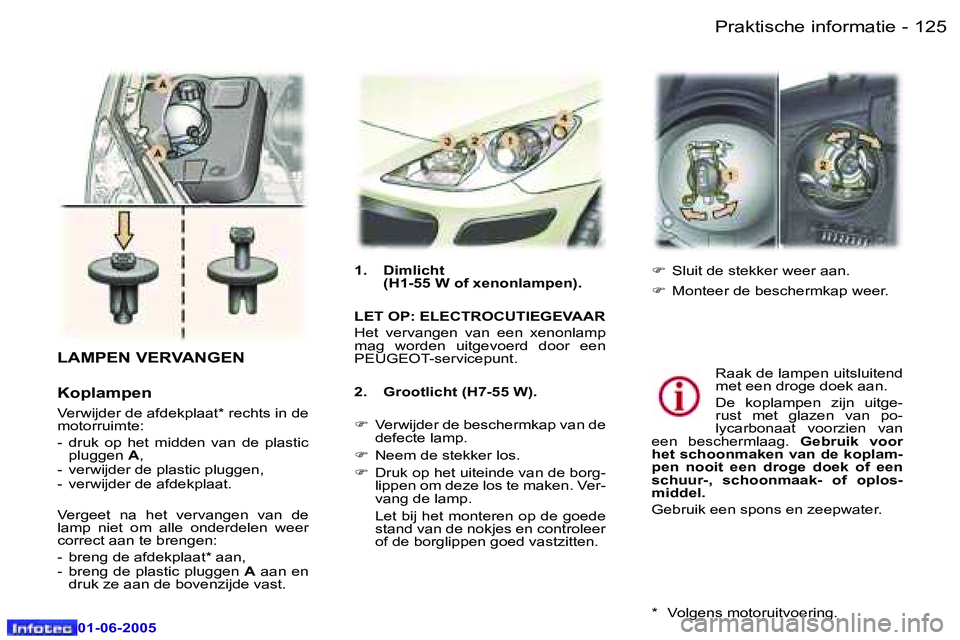 Peugeot 307 2005  Handleiding (in Dutch) �1�2�4 �-
�0�1�-�0�6�-�2�0�0�5
�1�2�5
�-
�0�1�-�0�6�-�2�0�0�5
�L�A�M�P�E�N� �V�E�R�V�A�N�G�E�N
�K�o�p�l�a�m�p�e�n
�V�e�r�w�i�j�d�e�r� �d�e� �a�f�d�e�k�p�l�a�a�t�*� �r�e�c�h�t�s� �i�n� �d�e�  
�m�o�t�o