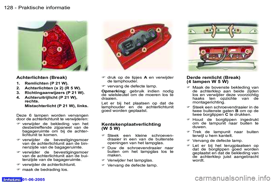 Peugeot 307 2005  Handleiding (in Dutch) �1�2�8 �-
�0�1�-�0�6�-�2�0�0�5
�1�2�9
�-
�0�1�-�0�6�-�2�0�0�5
�D�e�r�d�e� �r�e�m�l�i�c�h�t� �(�B�r�e�a�k�) 
�(�4� �l�a�m�p�e�n� �W� �5� �W�)
�F�  �M�a�a�k�  �d�e�  �b�o�v�e�n�s�t�e�  �b�e�k�l�e�d�i�n�