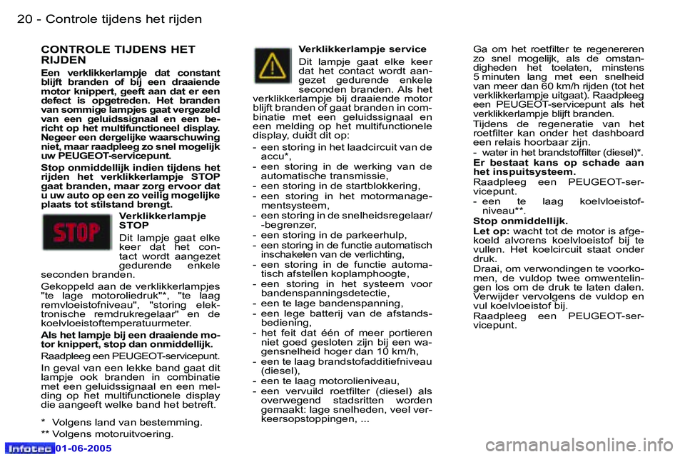 Peugeot 307 2005  Handleiding (in Dutch) �2�0 �-
�0�1�-�0�6�-�2�0�0�5
�2�1
�-
�0�1�-�0�6�-�2�0�0�5
�C�O�N�T�R�O�L�E� �T�I�J�D�E�N�S� �H�E�T�  
�R�I�J�D�E�N
�E�e�n�  �v�e�r�k�l�i�k�k�e�r�l�a�m�p�j�e�  �d�a�t�  �c�o�n�s�t�a�n�t�  
�b�l�i�j�f�t