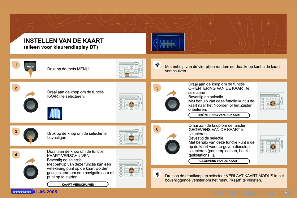 Peugeot 307 2005  Handleiding (in Dutch) �8�0�1�-�0�6�-�2�0�0�5�0�1�-�0�6�-�2�0�0�5
�D�r�u�k� �o�p� �d�e� �t�o�e�t�s� �M�E�N�U�. 
�D�r�a�a�i� �a�a�n� �d�e� �k�n�o�p� �o�m� �d�e� �f�u�n�c�t�i�e�  
�K�A�A�R�T� �t�e� �s�e�l�e�c�t�e�r�e�n�. 
�D�