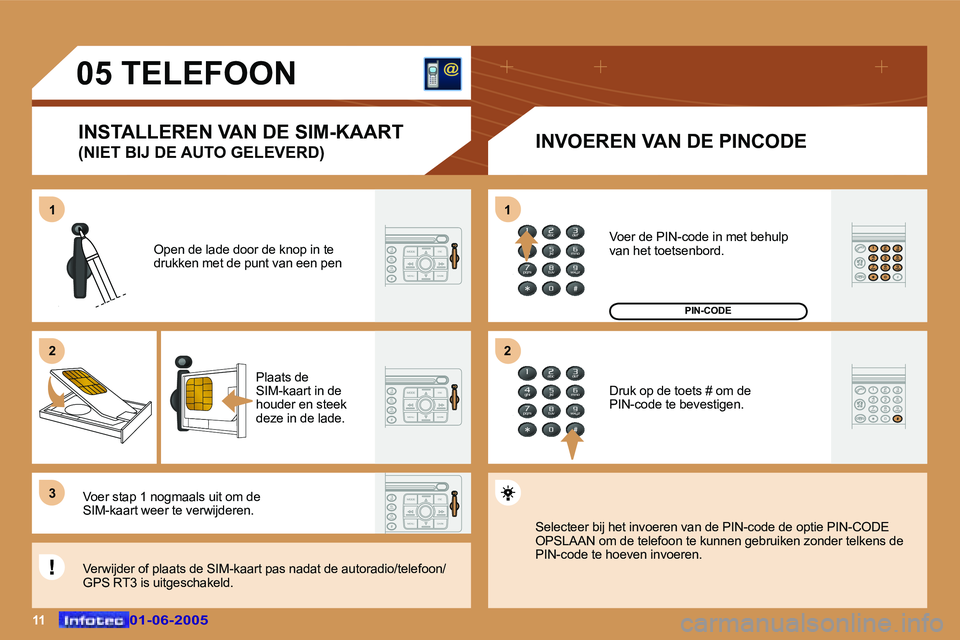 Peugeot 307 2005  Handleiding (in Dutch) �1�1�0�1�-�0�6�-�2�0�0�5�0�1�-�0�6�-�2�0�0�5
�0�5� �T�E�L�E�F�O�O�N�I�N�S�T�A�L�L�E�R�E�N� �V�A�N� �D�E� �S�I�M�-�K�A�A�R�T 
�(�N�I�E�T� �B�I�J� �D�E� �A�U�T�O� �G�E�L�E�V�E�R�D�) �I�N�V�O�E�R�E�N� �V