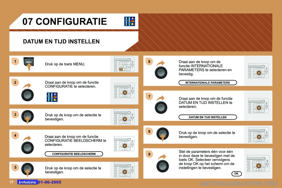 Peugeot 307 2005  Handleiding (in Dutch) �1�7�0�1�-�0�6�-�2�0�0�5�0�1�-�0�6�-�2�0�0�5
�0�7� �C�O�N�F�I�G�U�R�A�T�I�E�D�A�T�U�M� �E�N� �T�I�J�D� �I�N�S�T�E�L�L�E�N
�D�r�u�k� �o�p� �d�e� �t�o�e�t�s� �M�E�N�U�. 
�D�r�a�a�i� �a�a�n� �d�e� �k�n�o