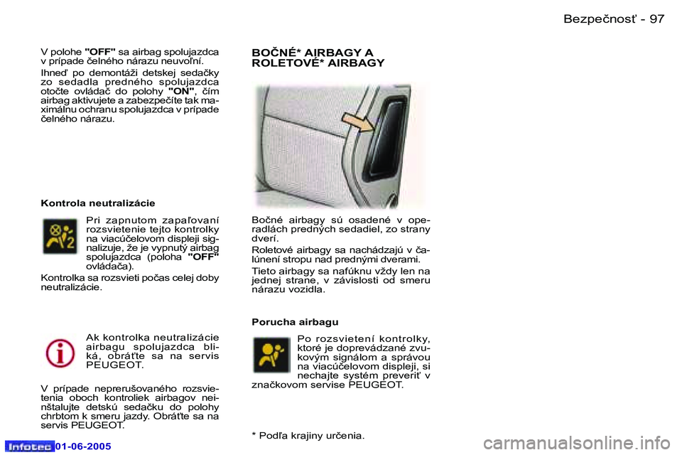 Peugeot 307 2005  Užívateľská príručka (in Slovak) �9�6 �-
�0�1�-�0�6�-�2�0�0�5
�9�7
�-
�0�1�-�0�6�-�2�0�0�5
�V� �p�o�l�o�h�e� 
�"�O�F�F�"� �s�a� �a�i�r�b�a�g� �s�p�o�l�u�j�a�z�d�c�a� 
�v� �p�r�í�p�a�d�e� �č�e�l�n�é�h�o� �n�á�r�a�z�u� �n�e