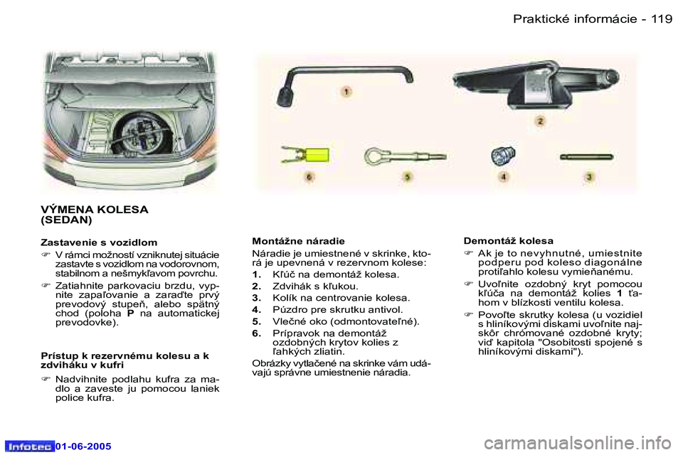 Peugeot 307 2005  Užívateľská príručka (in Slovak) �1�1�9
�-
�0�1�-�0�6�-�2�0�0�5
�M�o�n�t�á�ž�n�e� �n�á�r�a�d�i�e 
�N�á�r�a�d�i�e� �j�e� �u�m�i�e�s�t�n�e�n�é� �v� �s�k�r�i�n�k�e�,� �k�t�o�- 
�r�á� �j�e� �u�p�e�v�n�e�n�á� �v� �r�e�z�e�r�v�n�o�m
