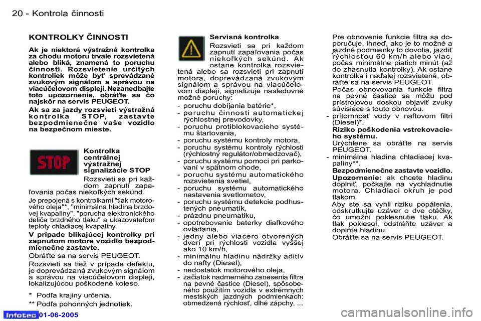 Peugeot 307 2005  Užívateľská príručka (in Slovak) �2�0 �-
�0�1�-�0�6�-�2�0�0�5
�2�1
�-
�0�1�-�0�6�-�2�0�0�5
�K�O�N�T�R�O�L�K�Y� �Č�I�N�N�O�S�T�I
�A�k�  �j�e�  �n�i�e�k�t�o�r�á�  �v�ý�s�t�r�a�ž�n�á�  �k�o�n�t�r�o�l�k�a�  
�z�a� �c�h�o�d�u� �m�o�t