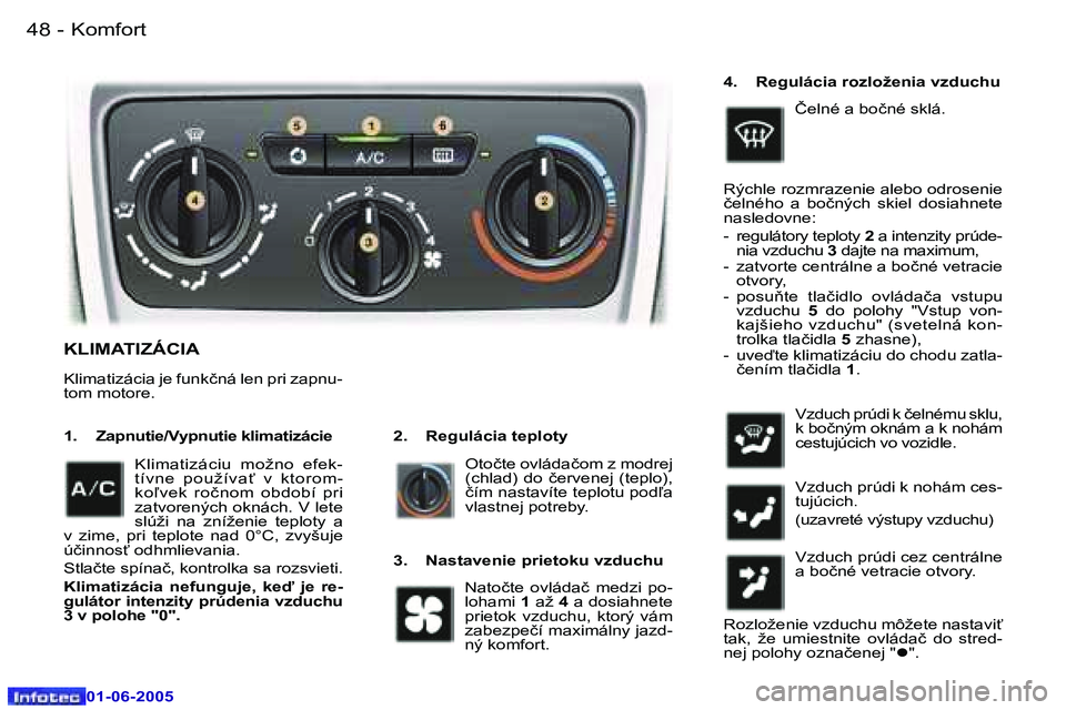 Peugeot 307 2005  Užívateľská príručka (in Slovak) �K�o�m�f�o�r�t�4�8 �-
�0�1�-�0�6�-�2�0�0�5
�4�9�K�o�m�f�o�r�t�-
�0�1�-�0�6�-�2�0�0�5
�K�L�I�M�A�T�I�Z�Á�C�I�A
�2�.�  �R�e�g�u�l�á�c�i�a� �t�e�p�l�o�t�y
�1�.�  �Z�a�p�n�u�t�i�e�/�V�y�p�n�u�t�i�e� �k�