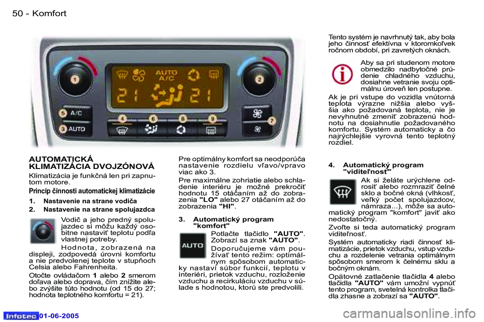 Peugeot 307 2005  Užívateľská príručka (in Slovak) �K�o�m�f�o�r�t�5�0 �-
�0�1�-�0�6�-�2�0�0�5
�5�1�K�o�m�f�o�r�t�-
�0�1�-�0�6�-�2�0�0�5
�A�U�T�O�M�A�T�I�C�K�Á�  
�K�L�I�M�A�T�I�Z�Á�C�I�A� �D�V�O�J�Z�Ó�N�O�V�Á
�K�l�i�m�a�t�i�z�á�c�i�a� �j�e� �f�u�