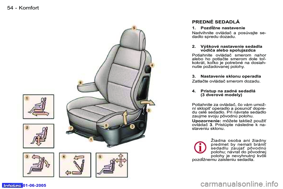 Peugeot 307 2005  Užívateľská príručka (in Slovak) �K�o�m�f�o�r�t�5�4 �-
�0�1�-�0�6�-�2�0�0�5
�5�5�K�o�m�f�o�r�t�-
�0�1�-�0�6�-�2�0�0�5
�P�R�E�D�N�É� �S�E�D�A�D�L�Á
�1�.�  �P�o�z�d�Í�ž�n�e� �n�a�s�t�a�v�e�n�i�e 
�N�a�d�v�i�h�n�i�t�e�  �o�v�l�á�d�