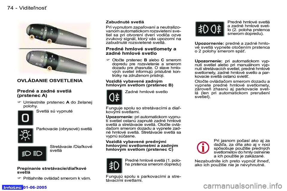 Peugeot 307 2005  Užívateľská príručka (in Slovak) �7�4 �-
�0�1�-�0�6�-�2�0�0�5
�7�5
�-
�0�1�-�0�6�-�2�0�0�5
�O�V�L�Á�D�A�N�I�E� �O�S�V�E�T�L�E�N�I�A
�P�r�e�d�n�é� �a� �z�a�d�n�é� �s�v�e�t�l�á�  
�(�p�r�s�t�e�n�e�c� �A�)
�F
�  �U�m�i�e�s�t�n�i�t�e