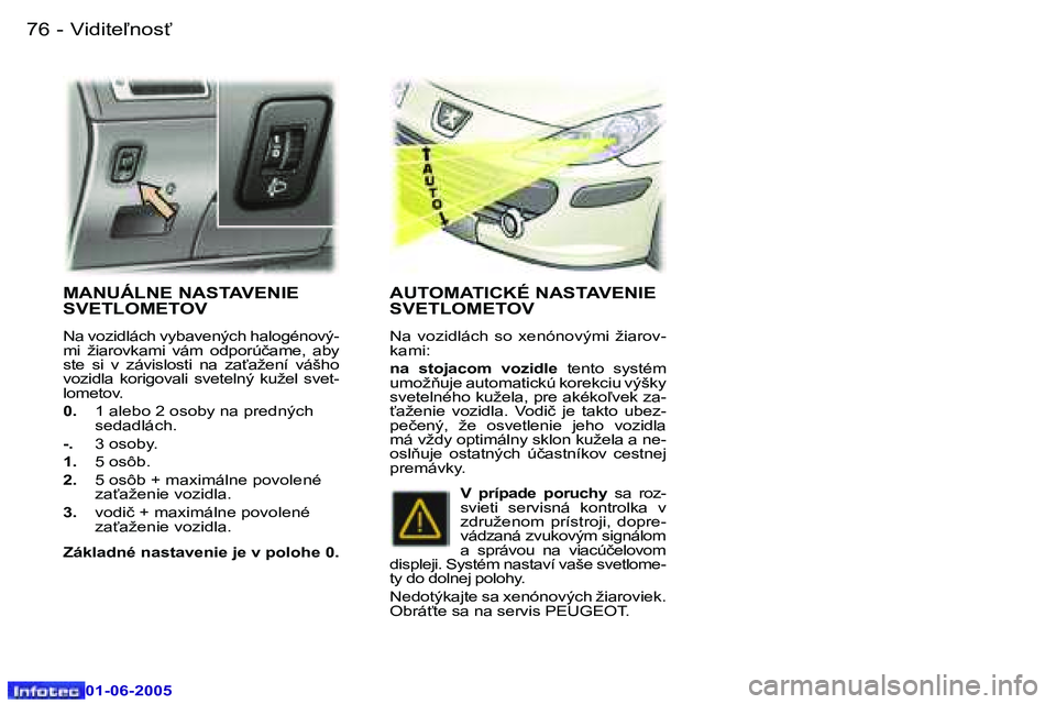 Peugeot 307 2005  Užívateľská príručka (in Slovak) �7�6 �-
�0�1�-�0�6�-�2�0�0�5
�7�7
�-
�0�1�-�0�6�-�2�0�0�5
�M�A�N�U�Á�L�N�E� �N�A�S�T�A�V�E�N�I�E�  
�S�V�E�T�L�O�M�E�T�O�V
�N�a� �v�o�z�i�d�l�á�c�h� �v�y�b�a�v�e�n�ý�c�h� �h�a�l�o�g�é�n�o�v�ý�- 
