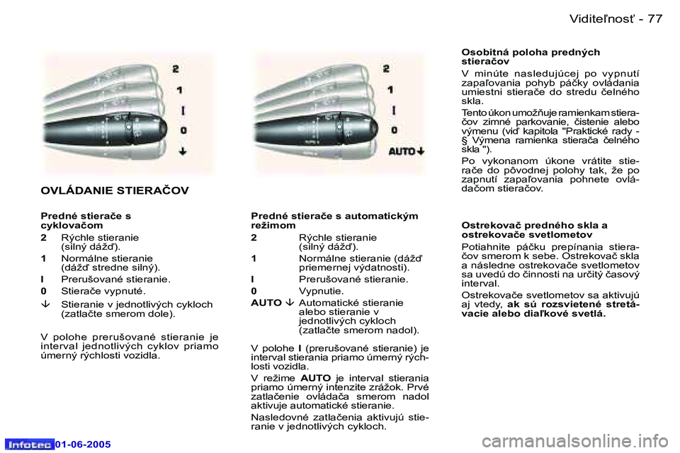 Peugeot 307 2005  Užívateľská príručka (in Slovak) �7�6 �-
�0�1�-�0�6�-�2�0�0�5
�7�7
�-
�0�1�-�0�6�-�2�0�0�5
�O�s�o�b�i�t�n�á� �p�o�l�o�h�a� �p�r�e�d�n�ý�c�h�  
�s�t�i�e�r�a�č�o�v 
�V�  �m�i�n�ú�t�e�  �n�a�s�l�e�d�u�j�ú�c�e�j�  �p�o�  �v�y�p�n�u�