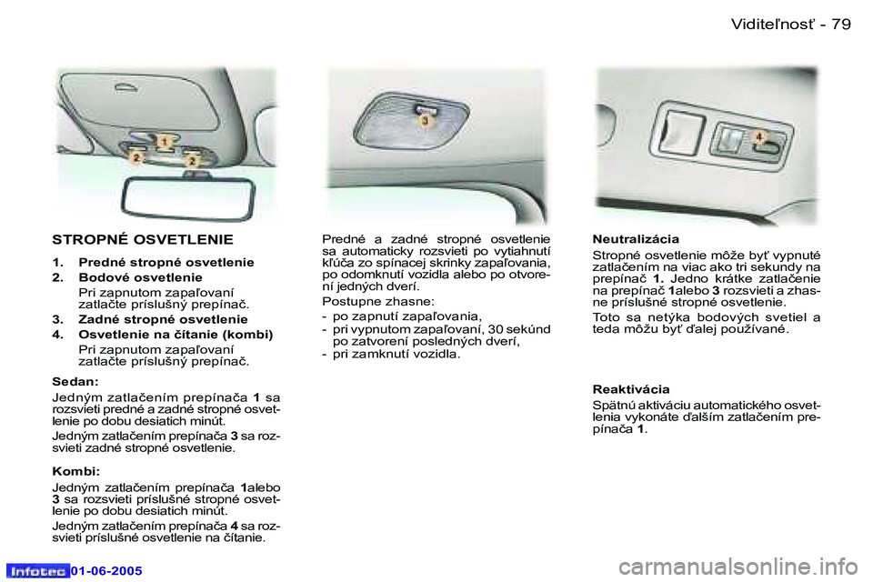 Peugeot 307 2005  Užívateľská príručka (in Slovak) �7�8 �-
�0�1�-�0�6�-�2�0�0�5
�7�9
�-
�0�1�-�0�6�-�2�0�0�5
�S�T�R�O�P�N�É� �O�S�V�E�T�L�E�N�I�E
�1�.�  �P�r�e�d�n�é� �s�t�r�o�p�n�é� �o�s�v�e�t�l�e�n�i�e 
�2�.�  �B�o�d�o�v�é� �o�s�v�e�t�l�e�n�i�e

