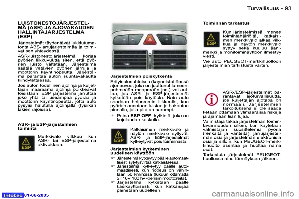 Peugeot 307 2005  Omistajan käsikirja (in Finnish) �9�2 �-
�0�1�-�0�6�-�2�0�0�5
�9�3
�-
�0�1�-�0�6�-�2�0�0�5
�L�U�I�S�T�O�N�E�S�T�O�J�Ä�R�J�E�S�T�E�L�- 
�M�Ä� �(�A�S�R�)� �J�A� �A�J�O�V�A�K�A�U�D�E�N� 
�H�A�L�L�I�N�T�A�J�Ä�R�J�E�S�T�E�L�M�Ä� �(�E�