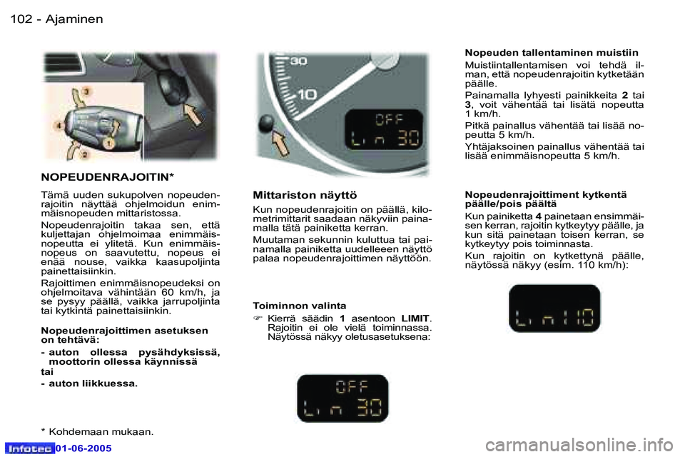 Peugeot 307 2005  Omistajan käsikirja (in Finnish) �A�j�a�m�i�n�e�n�1�0�2 �-
�0�1�-�0�6�-�2�0�0�5
�1�0�3�A�j�a�m�i�n�e�n�-
�0�1�-�0�6�-�2�0�0�5
�N�O�P�E�U�D�E�N�R�A�J�O�I�T�I�N�*
�T�ä�m�ä�  �u�u�d�e�n�  �s�u�k�u�p�o�l�v�e�n�  �n�o�p�e�u�d�e�n�- 
�r�