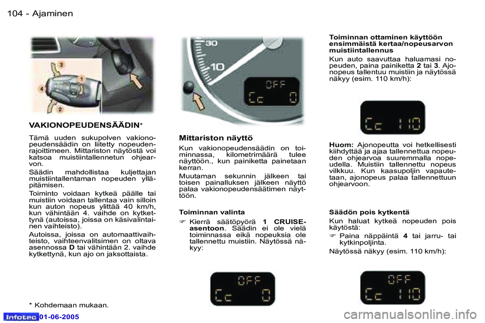 Peugeot 307 2005  Omistajan käsikirja (in Finnish) �A�j�a�m�i�n�e�n�1�0�4 �-
�0�1�-�0�6�-�2�0�0�5
�1�0�5�A�j�a�m�i�n�e�n�-
�0�1�-�0�6�-�2�0�0�5
�V�A�K�I�O�N�O�P�E�U�D�E�N�S�Ä�Ä�D�I�N�*
�T�ä�m�ä�  �u�u�d�e�n�  �s�u�k�u�p�o�l�v�e�n�  �v�a�k�i�o�n�o�