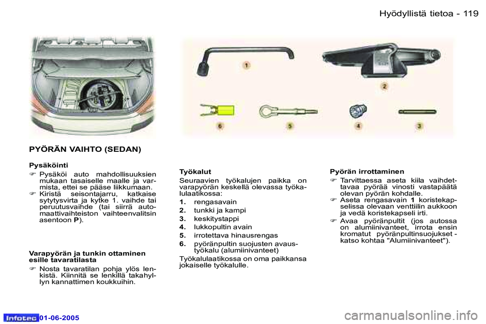Peugeot 307 2005  Omistajan käsikirja (in Finnish) �1�1�9
�-
�0�1�-�0�6�-�2�0�0�5
�T�y�ö�k�a�l�u�t 
�S�e�u�r�a�a�v�i�e�n�  �t�y�ö�k�a�l�u�j�e�n�  �p�a�i�k�k�a�  �o�n�  
�v�a�r�a�p�y�ö�r�ä�n� �k�e�s�k�e�l�l�ä� �o�l�e�v�a�s�s�a� �t�y�ö�k�a�-
�l�u�