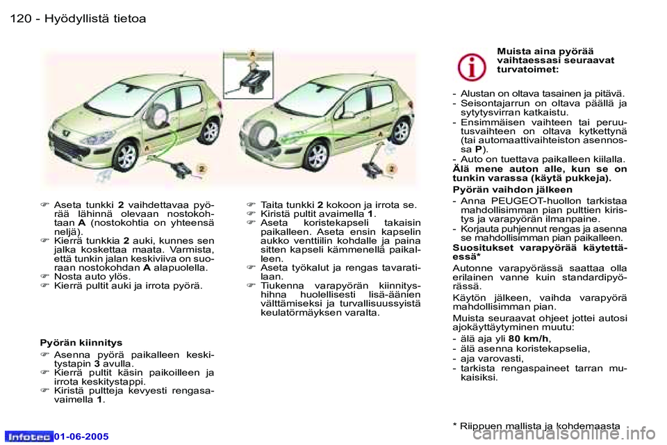 Peugeot 307 2005  Omistajan käsikirja (in Finnish) �1�2�0 �-
�0�1�-�0�6�-�2�0�0�5
�1�2�1
�-
�0�1�-�0�6�-�2�0�0�5
�F
�  �A�s�e�t�a�  �t�u�n�k�k�i�  �2�  �v�a�i�h�d�e�t�t�a�v�a�a�  �p�y�ö�-
�r�ä�ä�  �l�ä�h�i�n�n�ä�  �o�l�e�v�a�a�n�  �n�o�s�t�o�k�o�