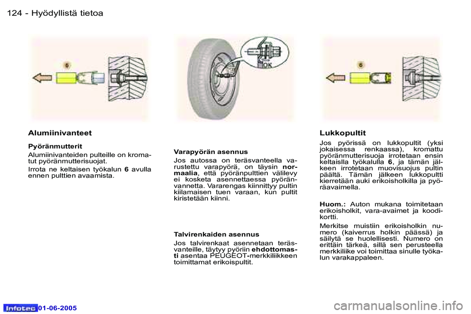 Peugeot 307 2005  Omistajan käsikirja (in Finnish) �1�2�4 �-
�0�1�-�0�6�-�2�0�0�5
�1�2�5
�-
�0�1�-�0�6�-�2�0�0�5
�A�l�u�m�i�i�n�i�v�a�n�t�e�e�t
�P�y�ö�r�ä�n�m�u�t�t�e�r�i�t 
�A�l�u�m�i�i�n�i�v�a�n�t�e�i�d�e�n� �p�u�l�t�e�i�l�l�e� �o�n� �k�r�o�m�a�- 
