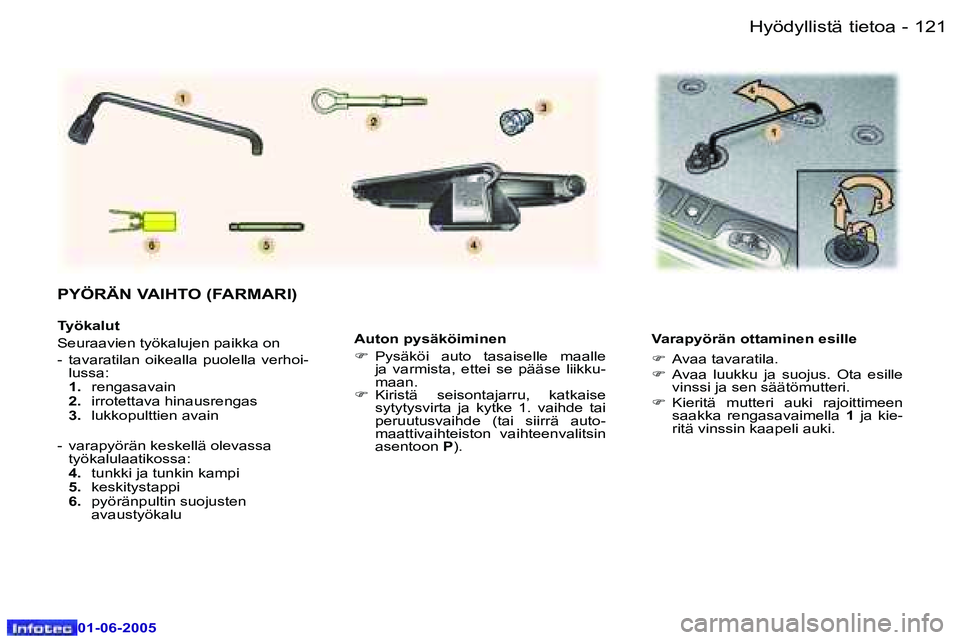 Peugeot 307 2005  Omistajan käsikirja (in Finnish) �1�2�0 �-
�0�1�-�0�6�-�2�0�0�5
�1�2�1
�-
�0�1�-�0�6�-�2�0�0�5
�A�u�t�o�n� �p�y�s�ä�k�ö�i�m�i�n�e�n 
�F
�  �P�y�s�ä�k�ö�i�  �a�u�t�o�  �t�a�s�a�i�s�e�l�l�e�  �m�a�a�l�l�e� 
�j�a�  �v�a�r�m�i�s�t�a�