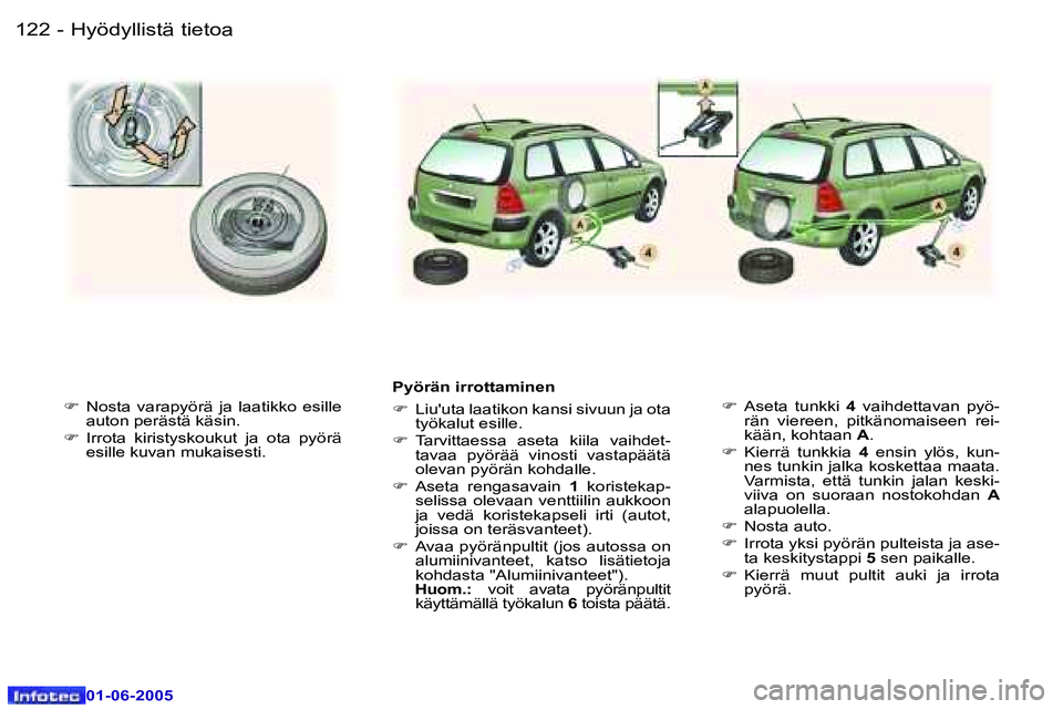 Peugeot 307 2005  Omistajan käsikirja (in Finnish) �1�2�2 �-
�0�1�-�0�6�-�2�0�0�5
�1�2�3
�-
�0�1�-�0�6�-�2�0�0�5
�F� 
�N�o�s�t�a�  �v�a�r�a�p�y�ö�r�ä�  �j�a�  �l�a�a�t�i�k�k�o�  �e�s�i�l�l�e�  
�a�u�t�o�n� �p�e�r�ä�s�t�ä� �k�ä�s�i�n�.
�F�  �I�r�r