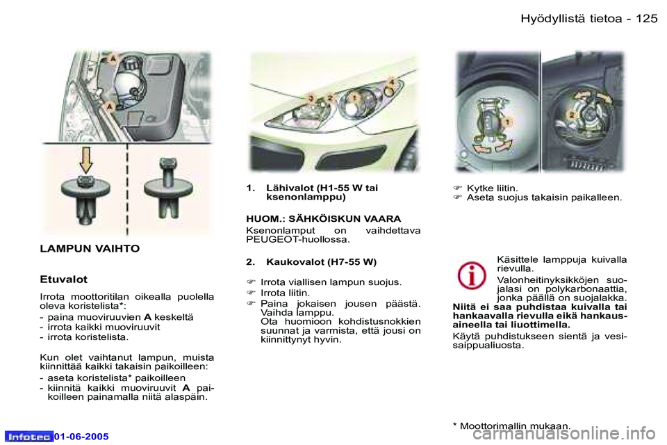Peugeot 307 2005  Omistajan käsikirja (in Finnish) �1�2�4 �-
�0�1�-�0�6�-�2�0�0�5
�1�2�5
�-
�0�1�-�0�6�-�2�0�0�5
�L�A�M�P�U�N� �V�A�I�H�T�O 
�E�t�u�v�a�l�o�t
�I�r�r�o�t�a�  �m�o�o�t�t�o�r�i�t�i�l�a�n�  �o�i�k�e�a�l�l�a�  �p�u�o�l�e�l�l�a�  
�o�l�e�v�a
