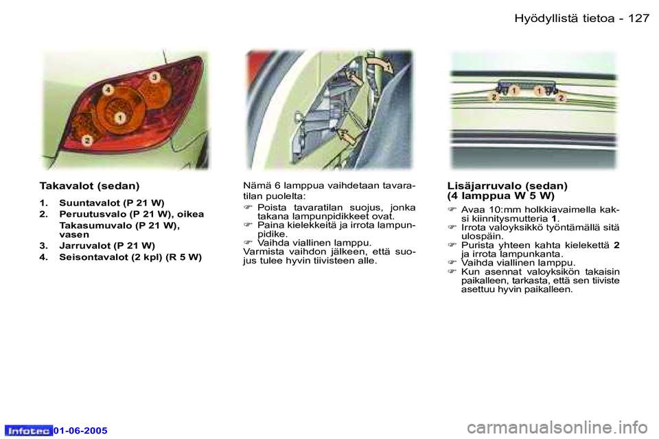 Peugeot 307 2005  Omistajan käsikirja (in Finnish) �1�2�6 �-
�0�1�-�0�6�-�2�0�0�5
�1�2�7
�-
�0�1�-�0�6�-�2�0�0�5
�T�a�k�a�v�a�l�o�t� �(�s�e�d�a�n�)
�1�.�  �S�u�u�n�t�a�v�a�l�o�t� �(�P� �2�1� �W�) 
�2�.�  �P�e�r�u�u�t�u�s�v�a�l�o� �(�P� �2�1� �W�)�,� �