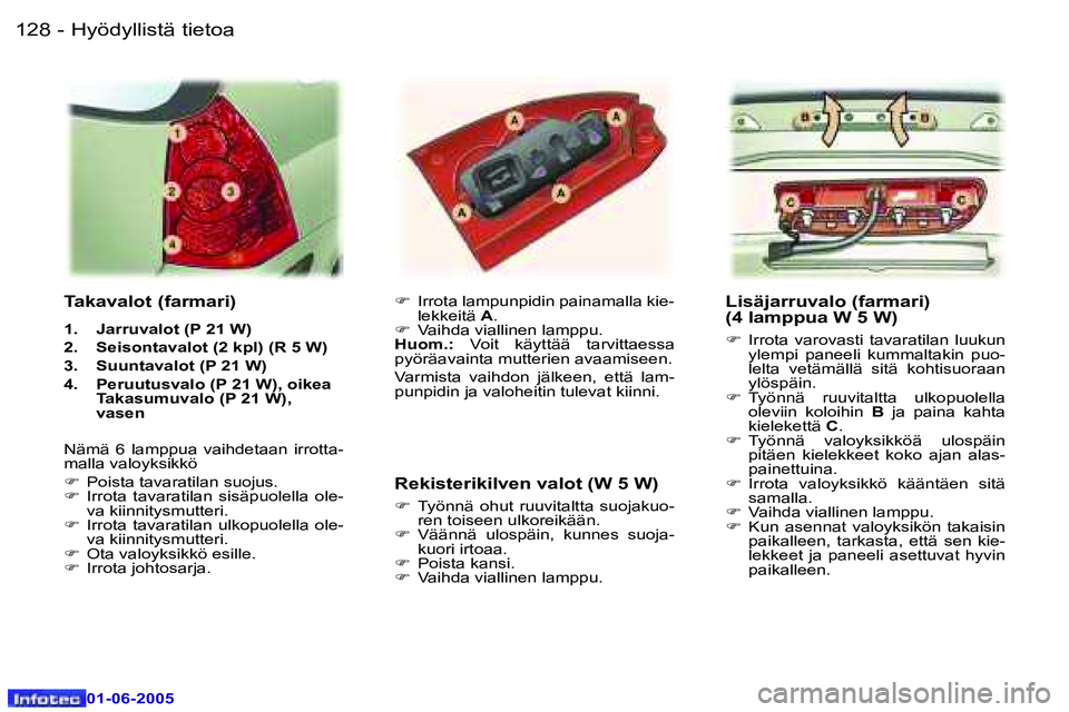 Peugeot 307 2005  Omistajan käsikirja (in Finnish) �1�2�8 �-
�0�1�-�0�6�-�2�0�0�5
�1�2�9
�-
�0�1�-�0�6�-�2�0�0�5
�L�i�s�ä�j�a�r�r�u�v�a�l�o� �(�f�a�r�m�a�r�i�)�  
�(�4� �l�a�m�p�p�u�a� �W� �5� �W�)
�F
�  �I�r�r�o�t�a�  �v�a�r�o�v�a�s�t�i�  �t�a�v�a�r