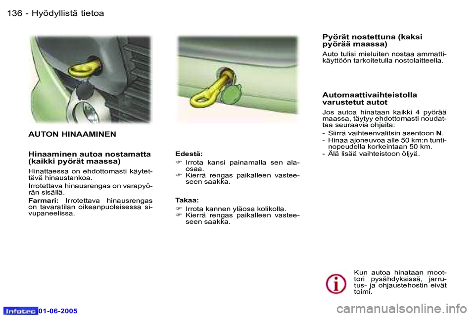 Peugeot 307 2005  Omistajan käsikirja (in Finnish) �1�3�6 �-
�0�1�-�0�6�-�2�0�0�5
�1�3�7
�-
�0�1�-�0�6�-�2�0�0�5
�H�i�n�a�a�m�i�n�e�n� �a�u�t�o�a� �n�o�s�t�a�m�a�t�t�a�  
�(�k�a�i�k�k�i� �p�y�ö�r�ä�t� �m�a�a�s�s�a�)
�H�i�n�a�t�t�a�e�s�s�a�  �o�n�  �