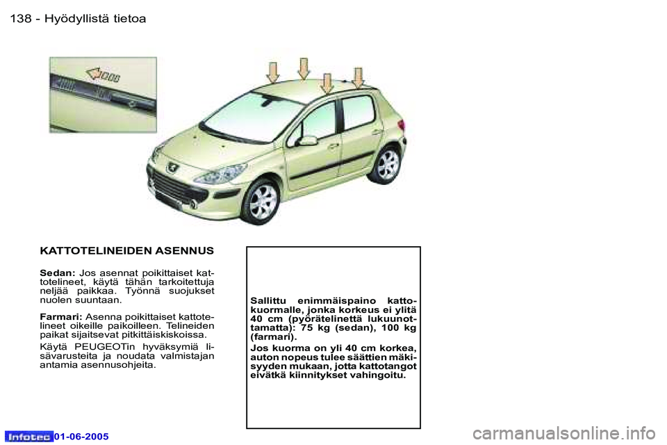 Peugeot 307 2005  Omistajan käsikirja (in Finnish) �1�3�8 �-
�0�1�-�0�6�-�2�0�0�5
�1�3�9
�-
�0�1�-�0�6�-�2�0�0�5
�K�A�T�T�O�T�E�L�I�N�E�I�D�E�N� �A�S�E�N�N�U�S
�S�e�d�a�n�:� 
�J�o�s�  �a�s�e�n�n�a�t�  �p�o�i�k�i�t�t�a�i�s�e�t�  �k�a�t�-
�t�o�t�e�l�i�n