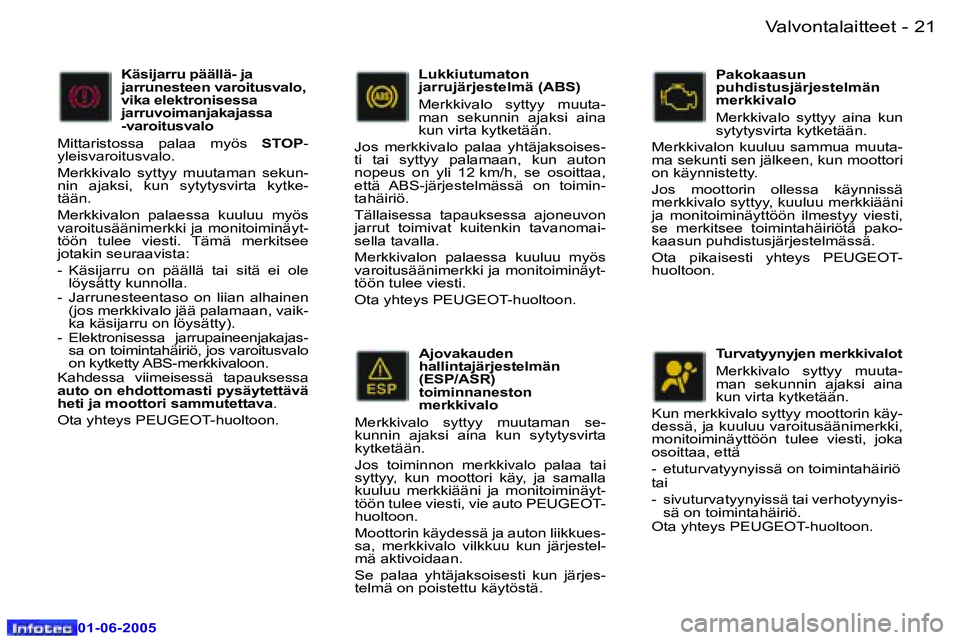Peugeot 307 2005  Omistajan käsikirja (in Finnish) �2�0 �-
�0�1�-�0�6�-�2�0�0�5
�2�1
�-
�0�1�-�0�6�-�2�0�0�5
�A�j�o�v�a�k�a�u�d�e�n�  
�h�a�l�l�i�n�t�a�j�ä�r�j�e�s�t�e�l�m�ä�n� 
�(�E�S�P�/�A�S�R�)� 
�t�o�i�m�i�n�n�a�n�e�s�t�o�n� 
�m�e�r�k�k�i�v�a�l�