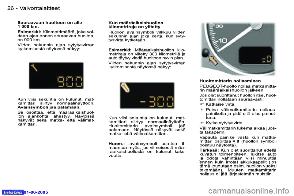 Peugeot 307 2005  Omistajan käsikirja (in Finnish) �2�6 �-
�0�1�-�0�6�-�2�0�0�5
�2�7
�-
�0�1�-�0�6�-�2�0�0�5
�H�u�o�l�t�o�m�i�t�t�a�r�i�n� �n�o�l�l�a�a�m�i�n�e�n 
�P�E�U�G�E�O�T�-�h�u�o�l�t�o� �n�o�l�l�a�a� �m�a�t�k�a�m�i�t�t�a�- 
�r�i�n� �m�ä�ä�r�