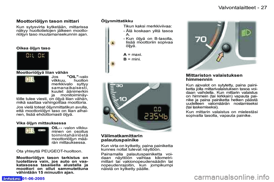 Peugeot 307 2005  Omistajan käsikirja (in Finnish) �2�6 �-
�0�1�-�0�6�-�2�0�0�5
�2�7
�-
�0�1�-�0�6�-�2�0�0�5
�M�i�t�t�a�r�i�s�t�o�n� �v�a�l�a�i�s�t�u�k�s�e�n�  
�h�i�m�m�e�n�n�i�n 
�K�u�n�  �a�j�o�v�a�l�o�t�  �o�n�  �s�y�t�y�t�e�t�t�y�,�  �p�a�i�n�a� 