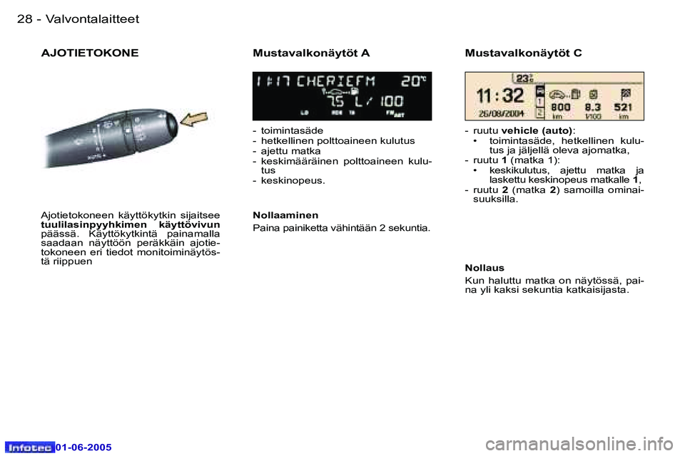 Peugeot 307 2005  Omistajan käsikirja (in Finnish) �2�8 �-
�0�1�-�0�6�-�2�0�0�5
�2�9
�-
�0�1�-�0�6�-�2�0�0�5
�A�J�O�T�I�E�T�O�K�O�N�E �M�u�s�t�a�v�a�l�k�o�n�ä�y�t�ö�t� �A
�-�  �t�o�i�m�i�n�t�a�s�ä�d�e 
�-�  �h�e�t�k�e�l�l�i�n�e�n� �p�o�l�t�t�o�a�i�