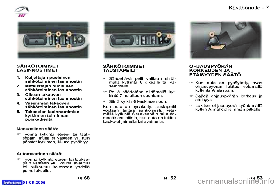 Peugeot 307 2005  Omistajan käsikirja (in Finnish) �6 �-
�0�1�-�0�6�-�2�0�0�5
�7
�-
�0�1�-�0�6�-�2�0�0�5
�K�ä�y�t�t�ö�ö�n�o�t�t�o
�S�Ä�H�K�Ö�T�O�I�M�I�S�E�T�  
�T�A�U�S�T�A�P�E�I�L�I�T
�F �  �S�ä�ä�d�e�t�t�ä�v�ä�  �p�e�i�l�i�  �v�a�l�i�t�a�a�