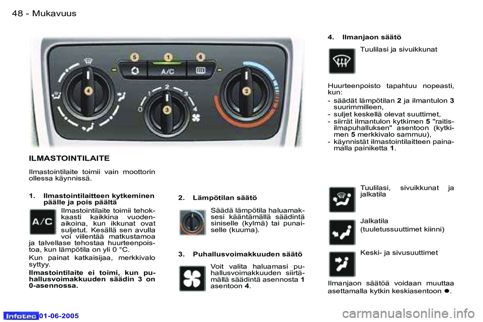 Peugeot 307 2005  Omistajan käsikirja (in Finnish) �M�u�k�a�v�u�u�s�4�8 �-
�0�1�-�0�6�-�2�0�0�5
�4�9�M�u�k�a�v�u�u�s�-
�0�1�-�0�6�-�2�0�0�5
�I�L�M�A�S�T�O�I�N�T�I�L�A�I�T�E� 
�2�.�  �L�ä�m�p�ö�t�i�l�a�n� �s�ä�ä�t�ö
�1�.�  �I�l�m�a�s�t�o�i�n�t�i�l