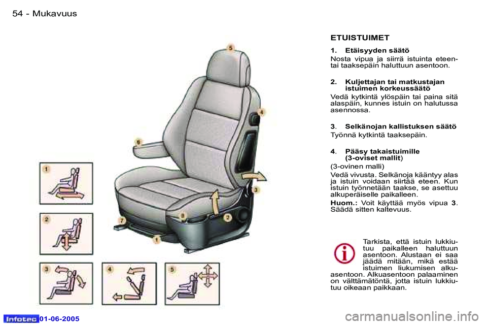 Peugeot 307 2005  Omistajan käsikirja (in Finnish) �M�u�k�a�v�u�u�s�5�4 �-
�0�1�-�0�6�-�2�0�0�5
�5�5�M�u�k�a�v�u�u�s�-
�0�1�-�0�6�-�2�0�0�5
�E�T�U�I�S�T�U�I�M�E�T
�1�.�  �E�t�ä�i�s�y�y�d�e�n� �s�ä�ä�t�ö 
�N�o�s�t�a�  �v�i�p�u�a�  �j�a�  �s�i�i�r�r