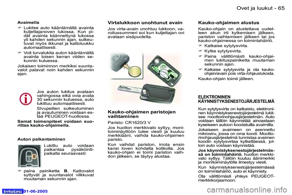 Peugeot 307 2005  Omistajan käsikirja (in Finnish) �6�4 �-
�0�1�-�0�6�-�2�0�0�5
�6�5
�-
�0�1�-�0�6�-�2�0�0�5
�E�L�E�K�T�R�O�N�I�N�E�N�  
�K�Ä�Y�N�N�I�S�T�Y�K�S�E�N�E�S�T�O�J�Ä�R�J�E�S�T�E�L�M�Ä
�K�u�n� �s�y�t�y�t�y�s�v�i�r�t�a� �o�n� �k�a�t�k�a�i�s