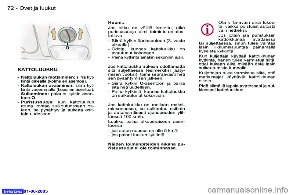 Peugeot 307 2005  Omistajan käsikirja (in Finnish) �7�2 �-
�0�1�-�0�6�-�2�0�0�5
�7�3
�-
�0�1�-�0�6�-�2�0�0�5
�H�u�o�m�.�:�  
�J�o�s�  �a�k�k�u�  �o�n�  �v�ä�l�i�l�l�ä�  �i�r�r�o�t�e�t�t�u�,�  �e�i�k�ä�  
�p�u�r�i�s�t�u�s�s�u�o�j�a� �t�o�i�m�i�,� �t