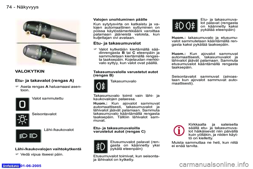 Peugeot 307 2005  Omistajan käsikirja (in Finnish) �7�4 �-
�0�1�-�0�6�-�2�0�0�5
�7�5
�-
�0�1�-�0�6�-�2�0�0�5
�V�A�L�O�K�Y�T�K�I�N
�E�t�u�-� �j�a� �t�a�k�a�v�a�l�o�t� �(�r�e�n�g�a�s� �A�)
�F
�  �A�s�e�t�a� �r�e�n�g�a�s�  �A� �h�a�l�u�a�m�a�a�s�i� �a�s�